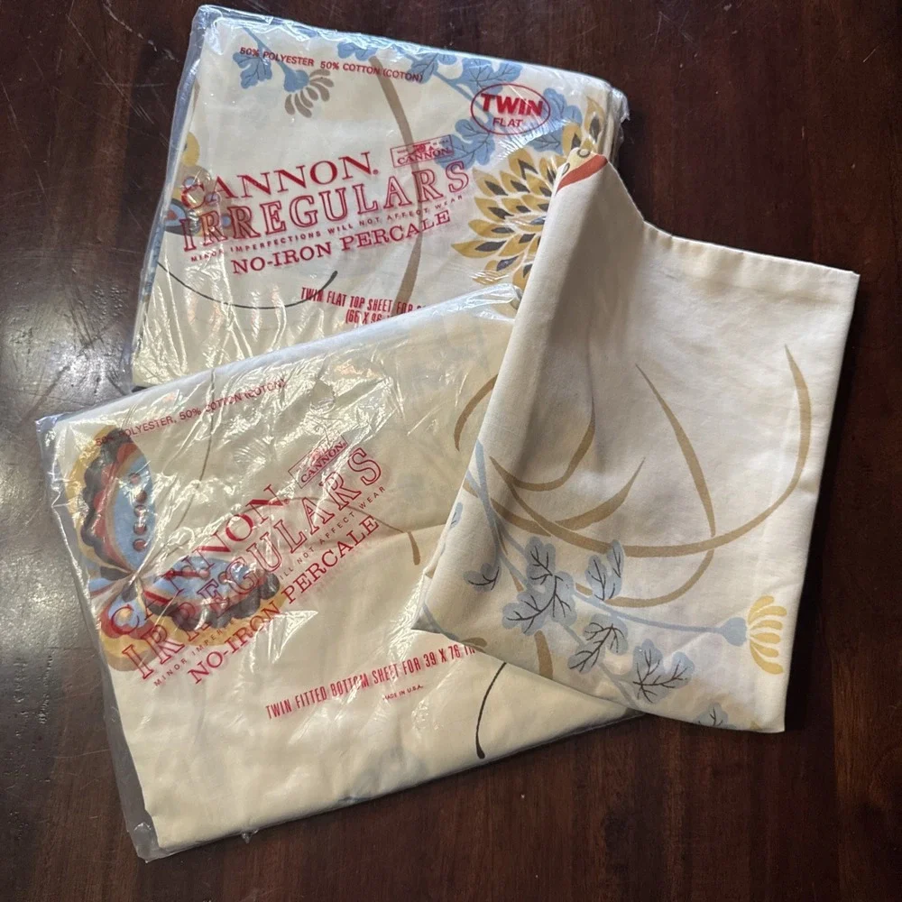 Vintage‎ 70s Cannon Sheet Set Butterfly Almond TWIN Size Flat Fitted Pillowcase